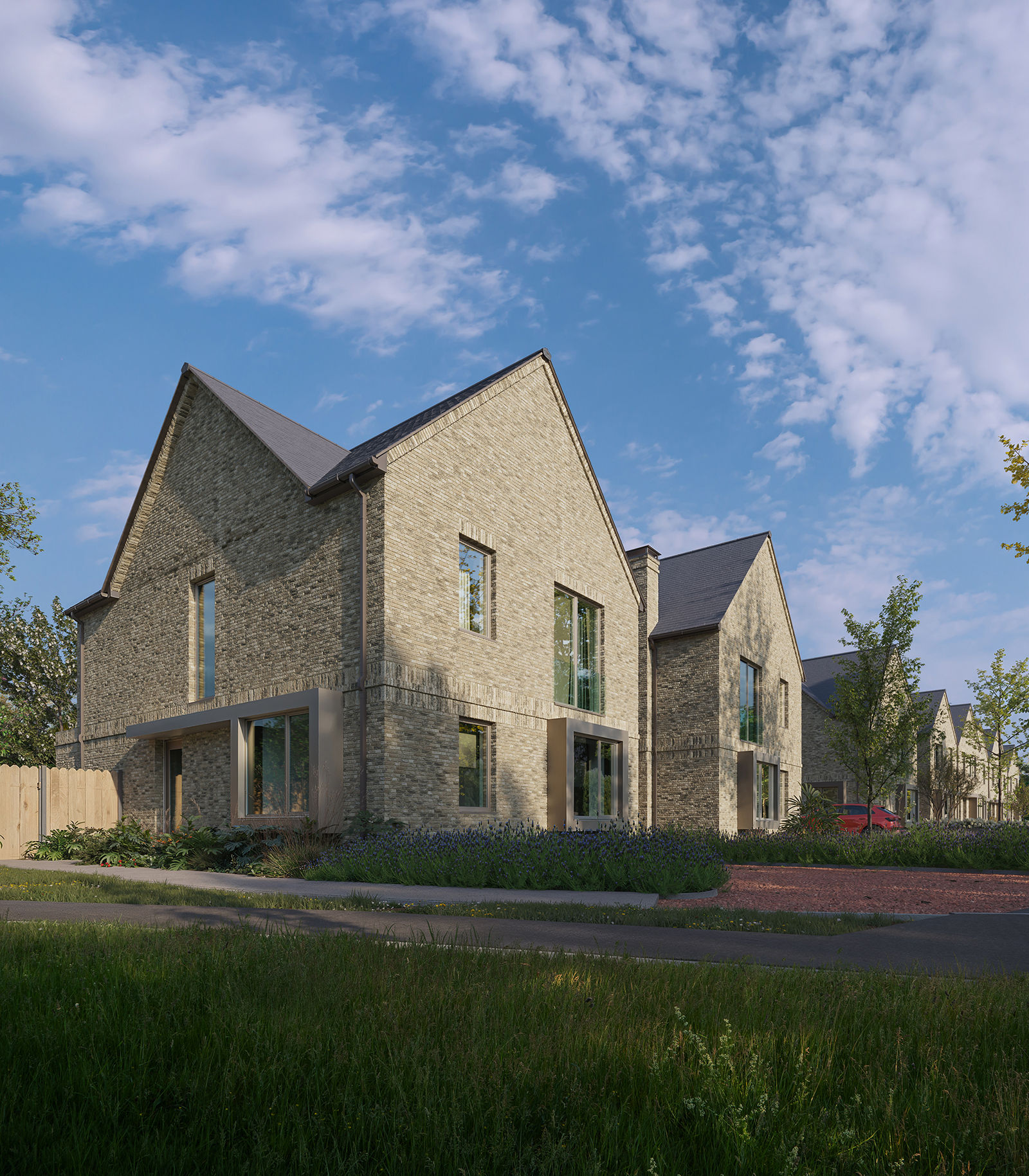 Corner gable elevation under a clear sky