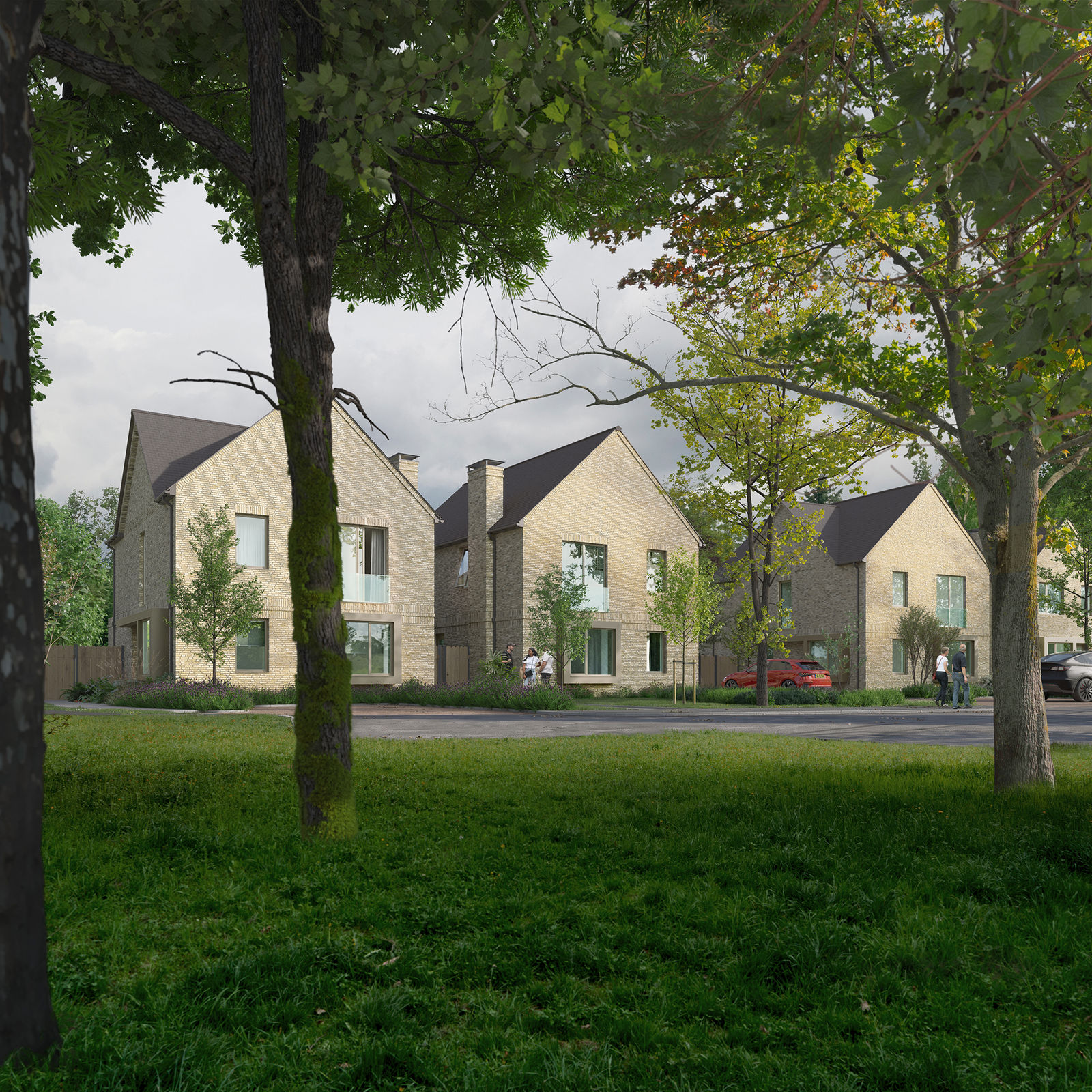 Houses seen across the green under overcast sky