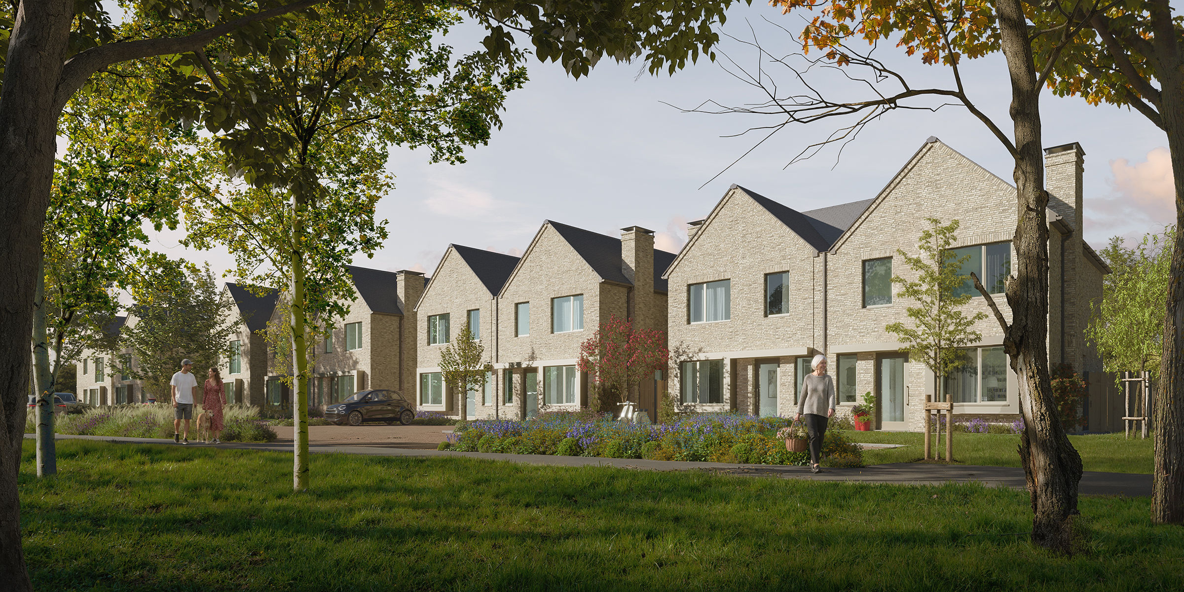 Contemporary brick terrace row seen across a green