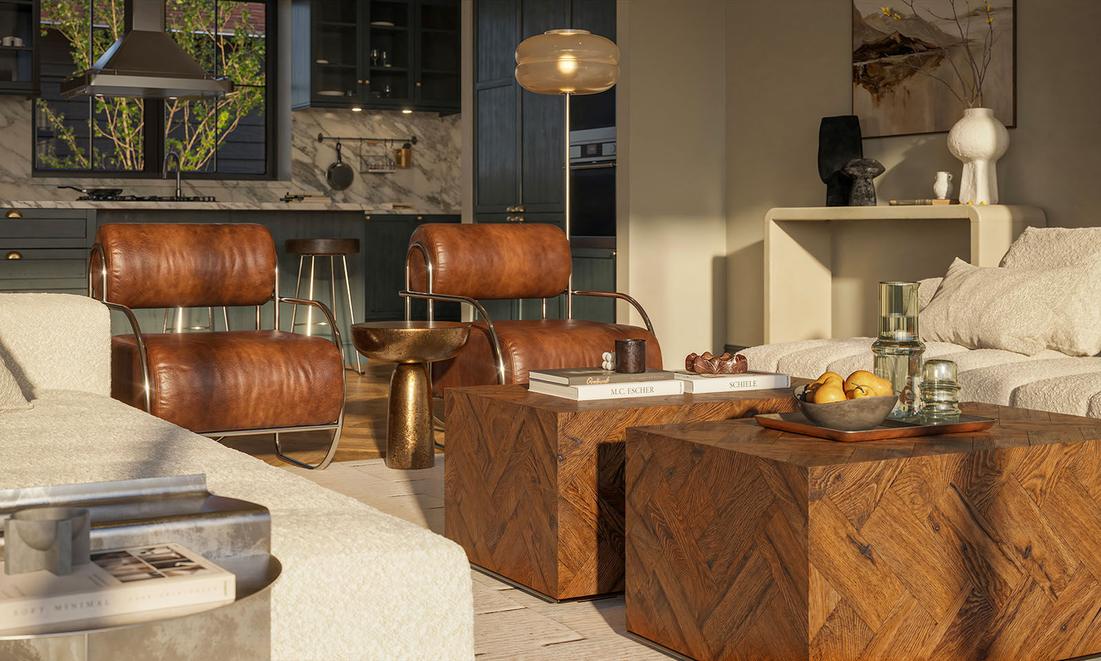 Interior detail: leather chairs, timber tables and kitchen beyond